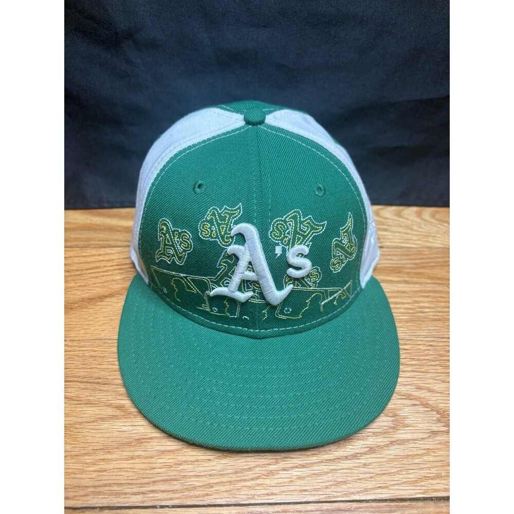 New Era 59Fifty Oakland A’s Logo Print Fitted Hat White Green Two Tone Size 7